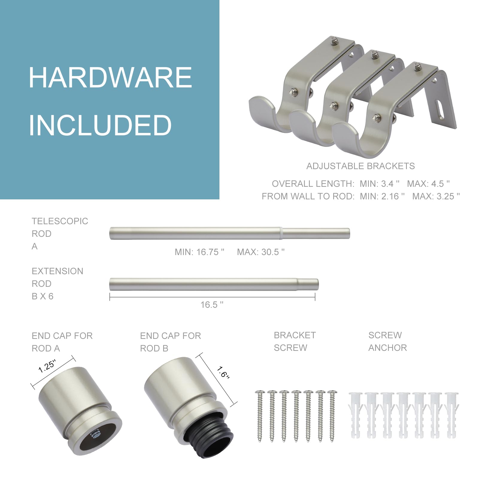 Byondeth curtain rod assembly system shows seven pieces forming a sturdy length.