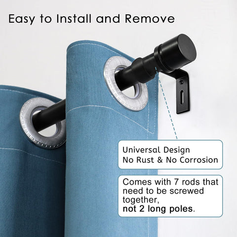 Byondeth black sectional curtain rod shows joined sections for a precise custom fit.