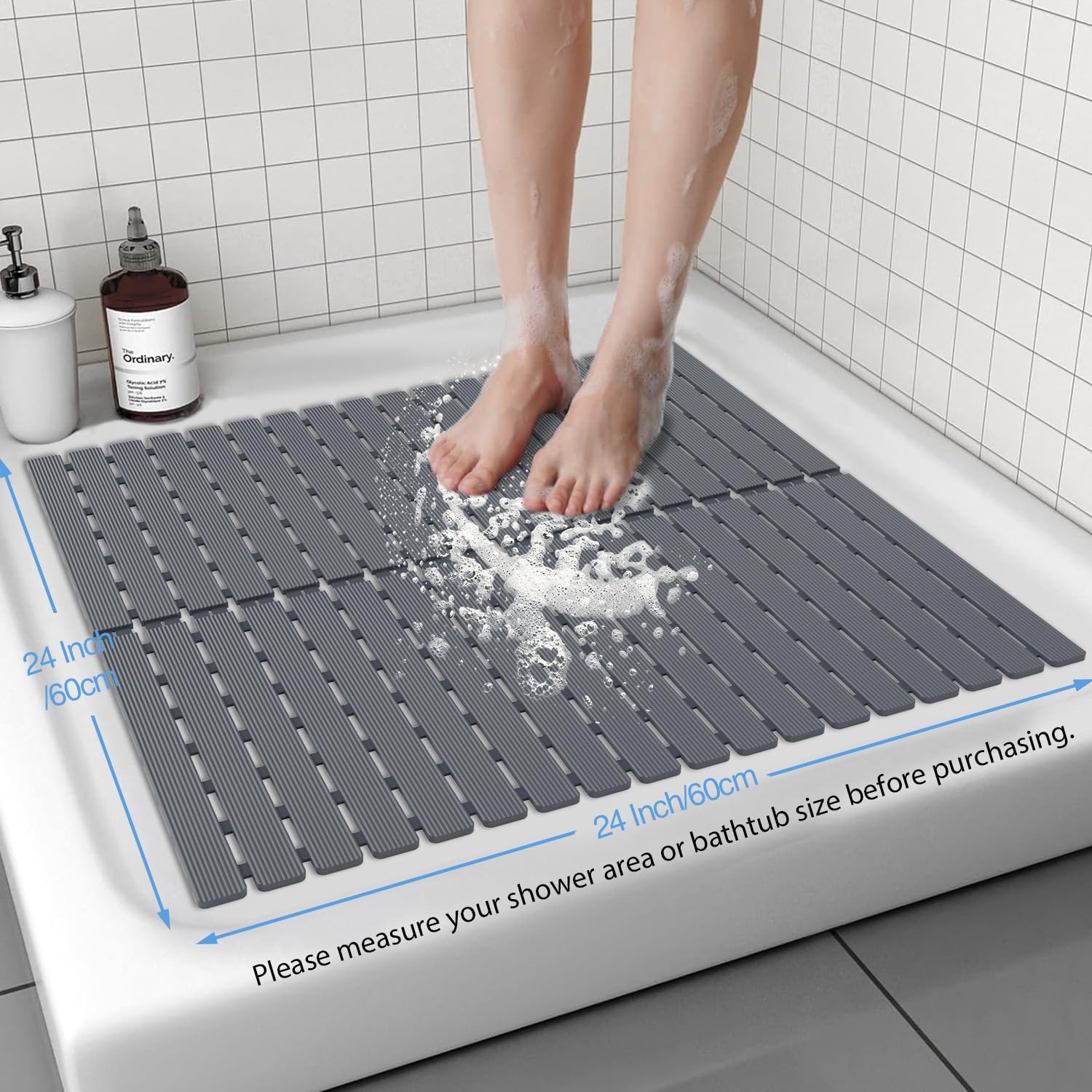 Large 24-inch square fits most tubs and showers.
