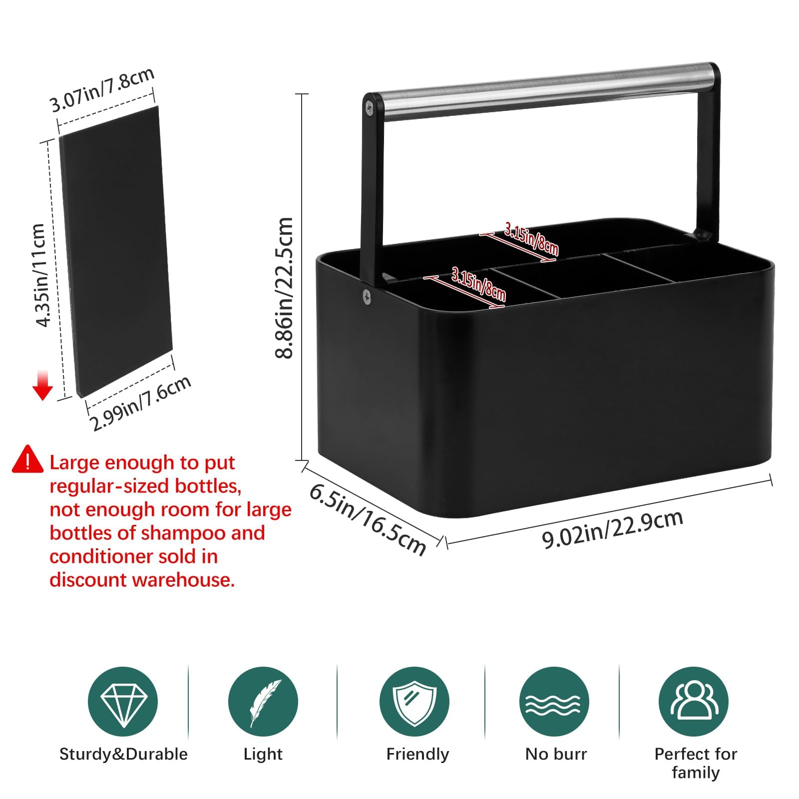 BYUNER shower caddy with adjustable dividers for customized toiletries storage.