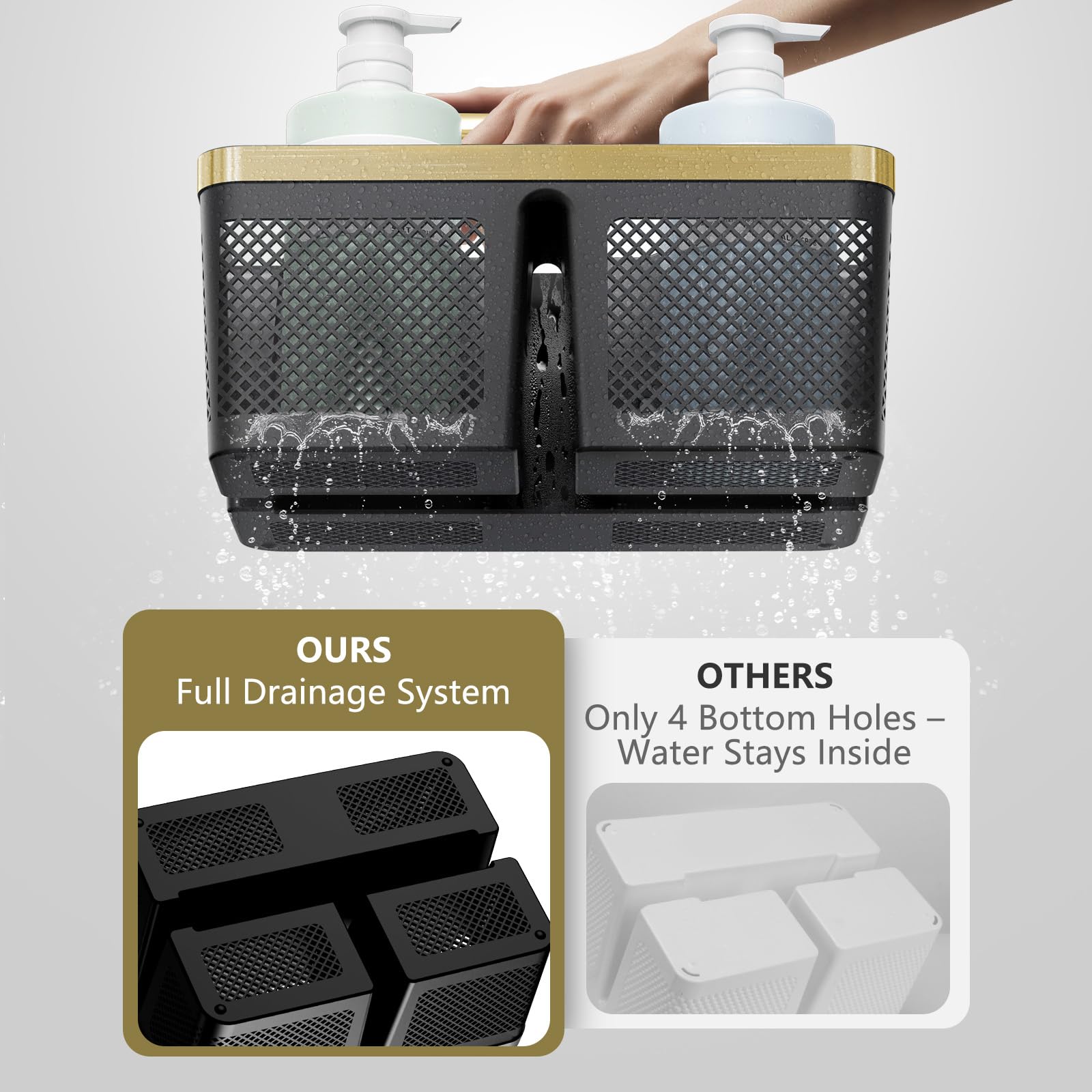 Byuner caddy features a perforated drainage grid for quick drying after showers.
