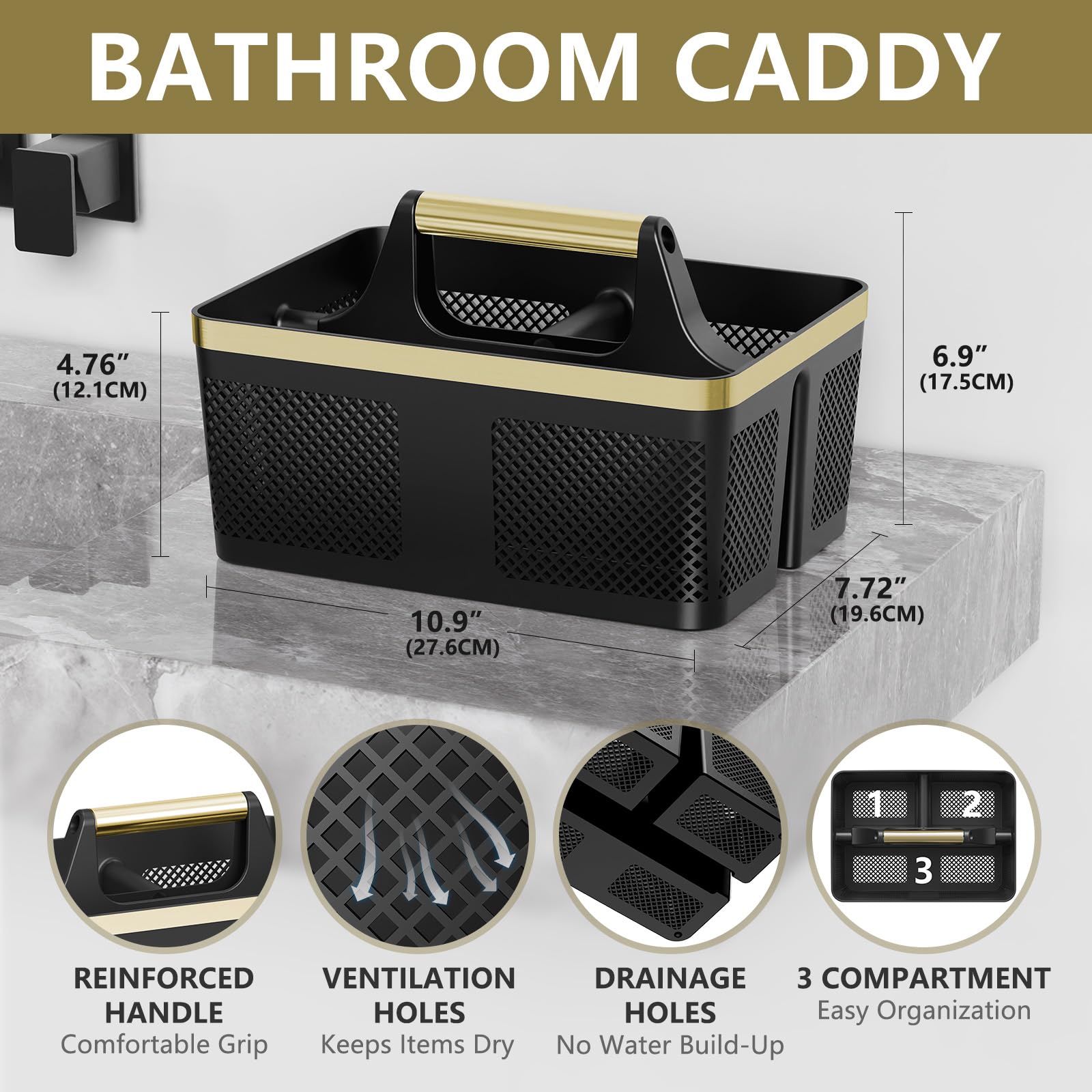 Byuner shower caddy with three compartments for neat separation of toiletries.