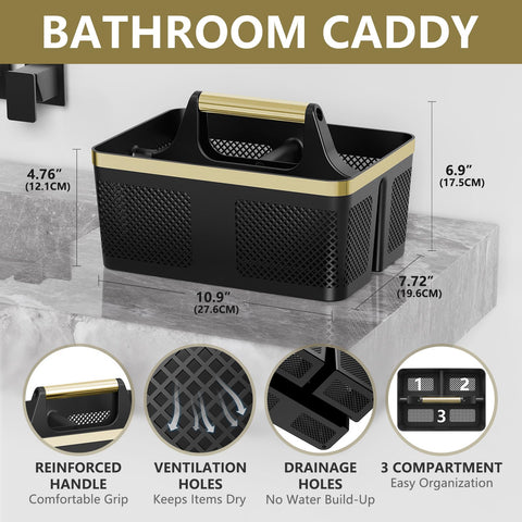Byuner shower caddy with three compartments for neat separation of toiletries.