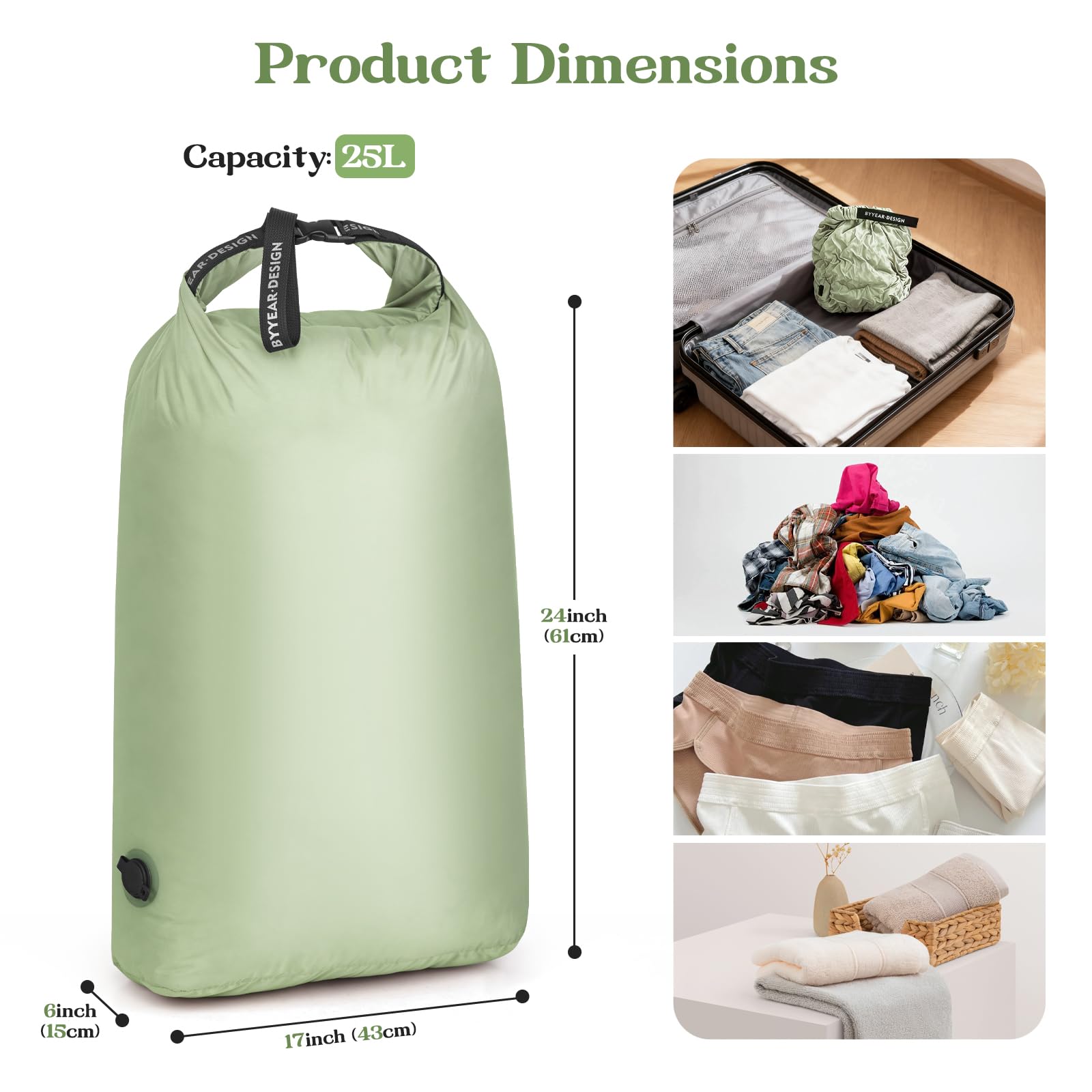 ByYear travel bag compresses clothes via valve for space saving.