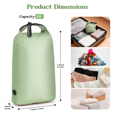 ByYear travel bag compresses clothes via valve for space saving.