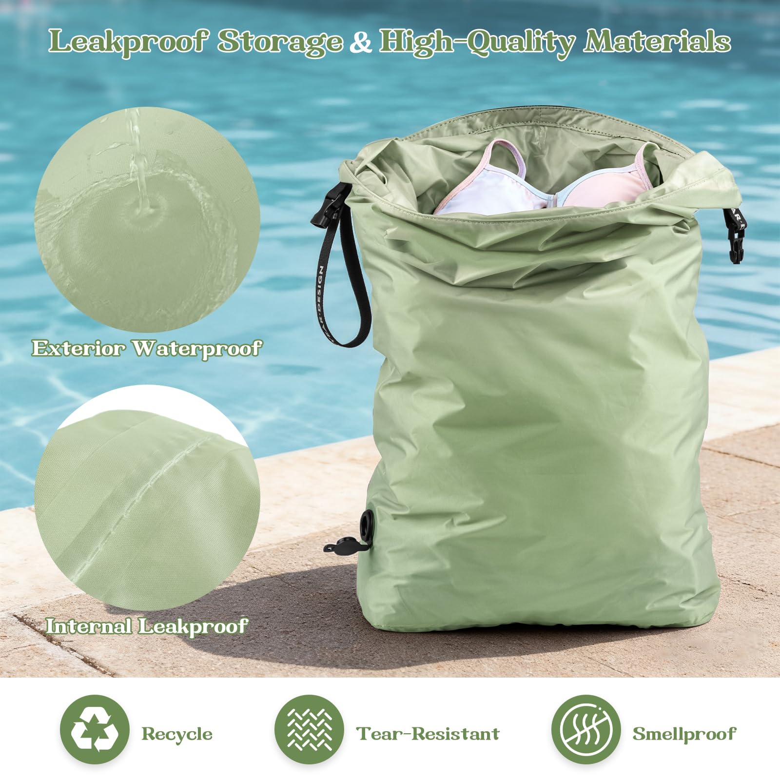 ByYear waterproof coating protects contents during wet swims and crowded transit.