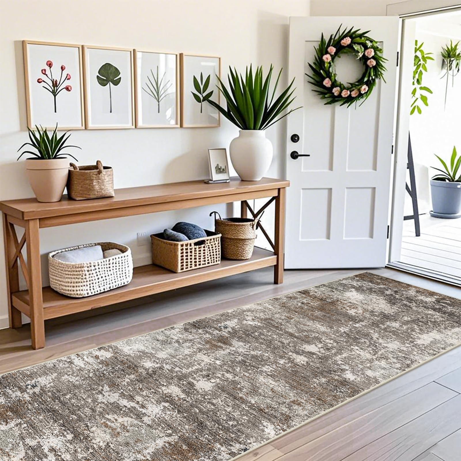 Neutral brown beige BYYVOO rug suited for 12-foot hallway spaces and durability.