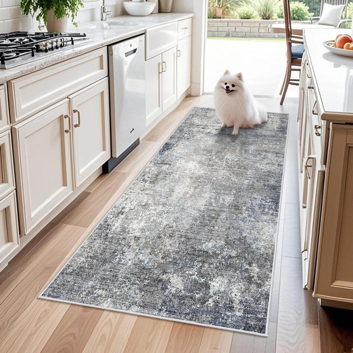 BYYVOO 3x6 washable kitchen runner featuring blue-grey abstract design for stylish entryways.