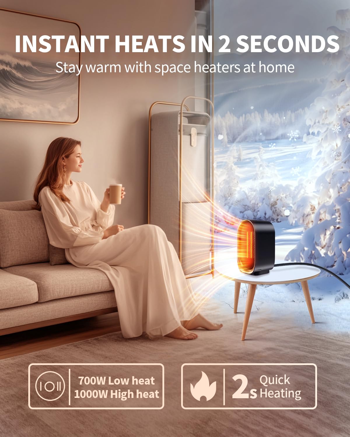 BZGG space heater under-desk placement saves space in small rooms