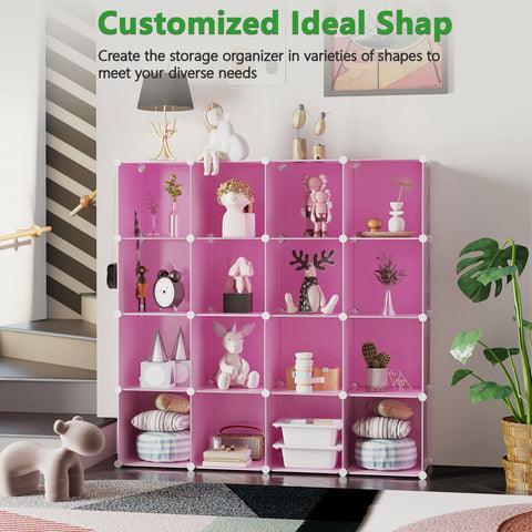 C&AHOME pink cube unit spans a wall for versatile storage.