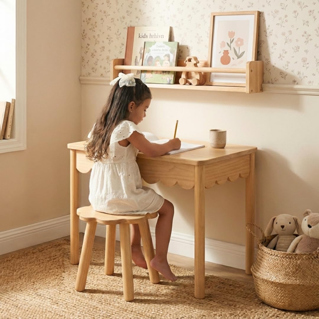 CAALMA & Co scalloped-edge table adds timeless style to playroom décor.