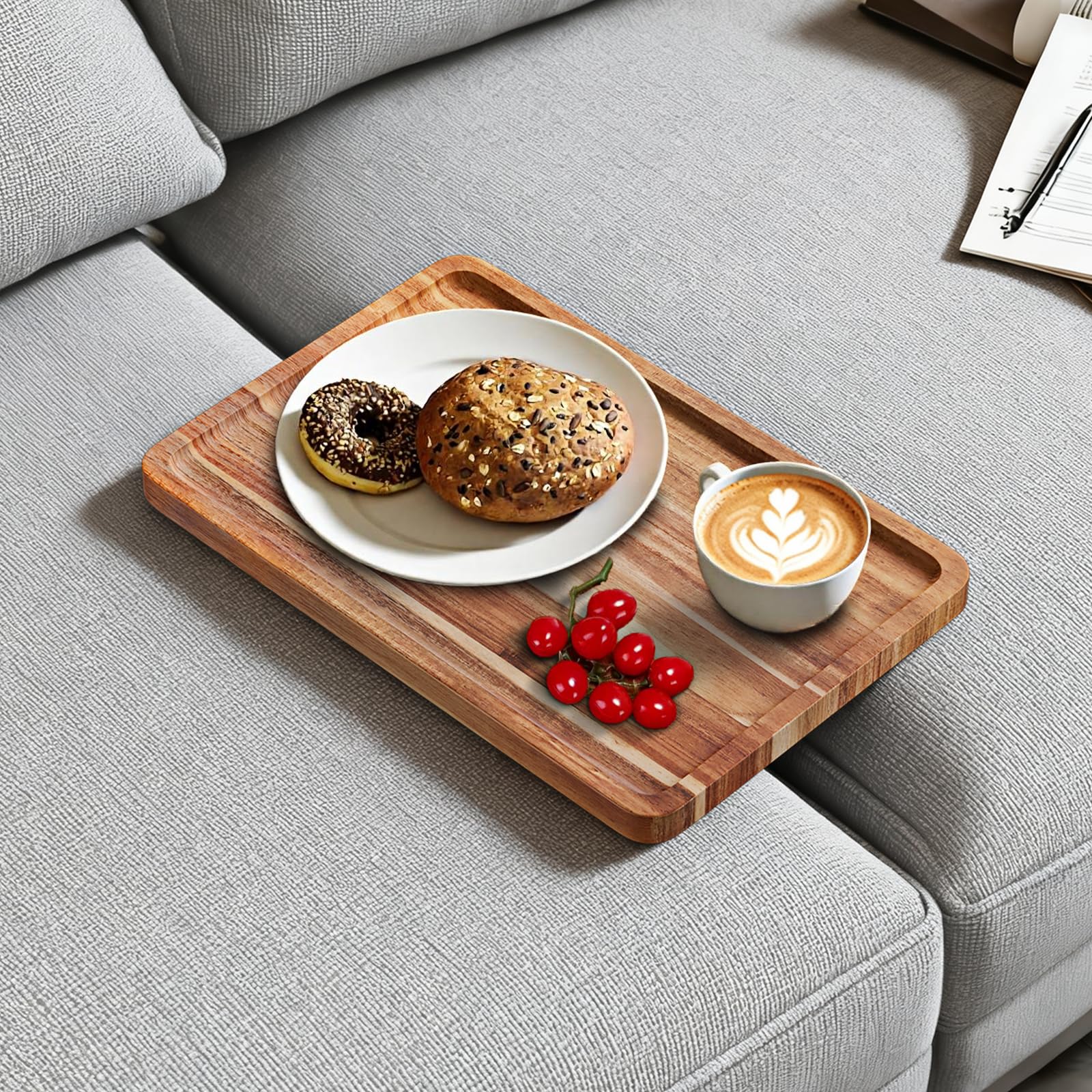 Cabalay acacia couch tray wood shows natural grain for drinks and phone within reach.