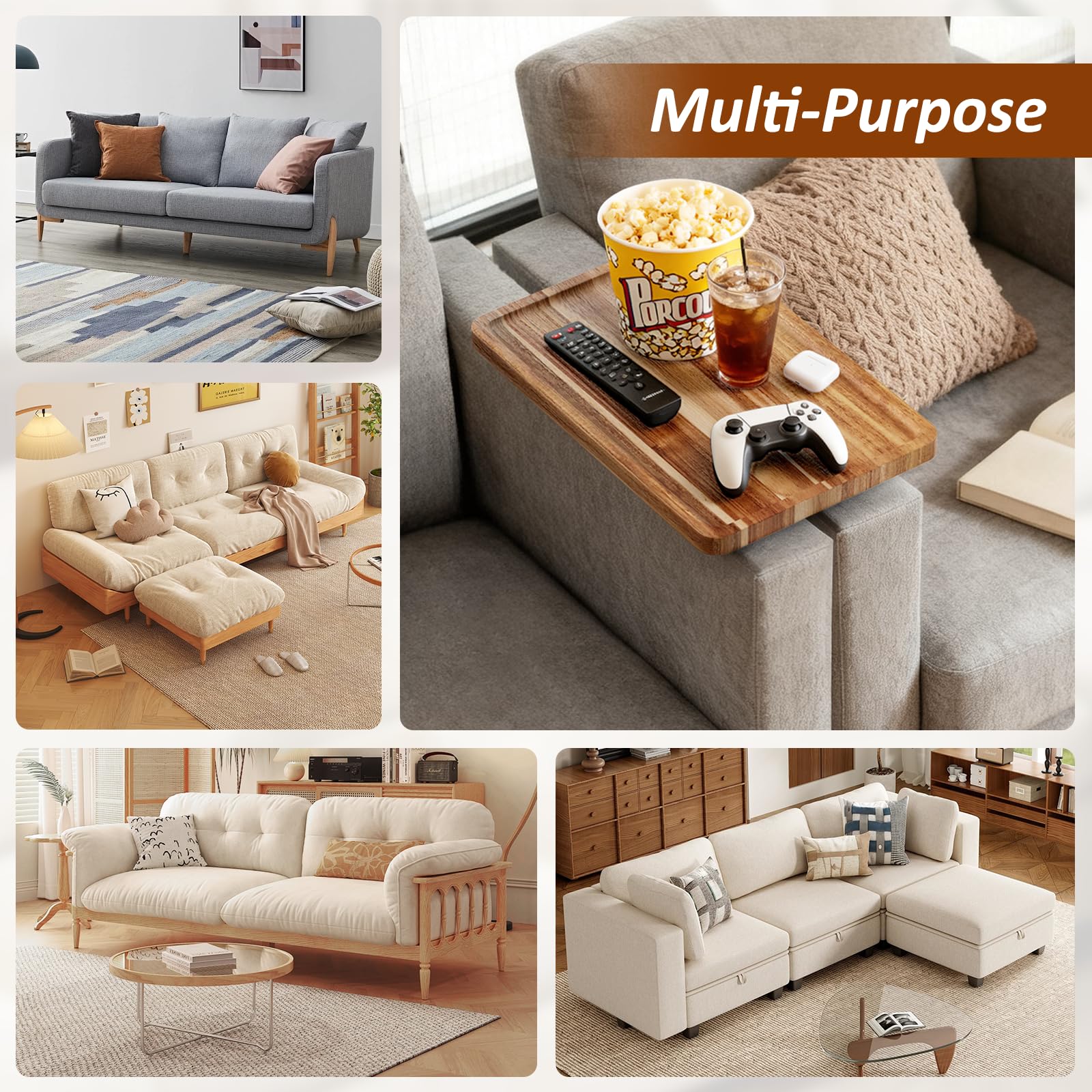 Cabalay couch tray in use for snacks and devices during afternoon lounging.