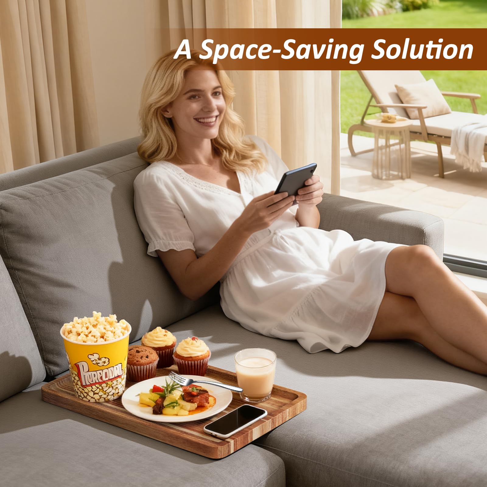 Cabalay sofa tray table foldable design enabling flat surface between cushions.