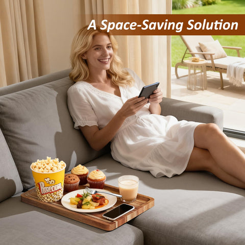 Cabalay sofa tray table foldable design enabling flat surface between cushions.