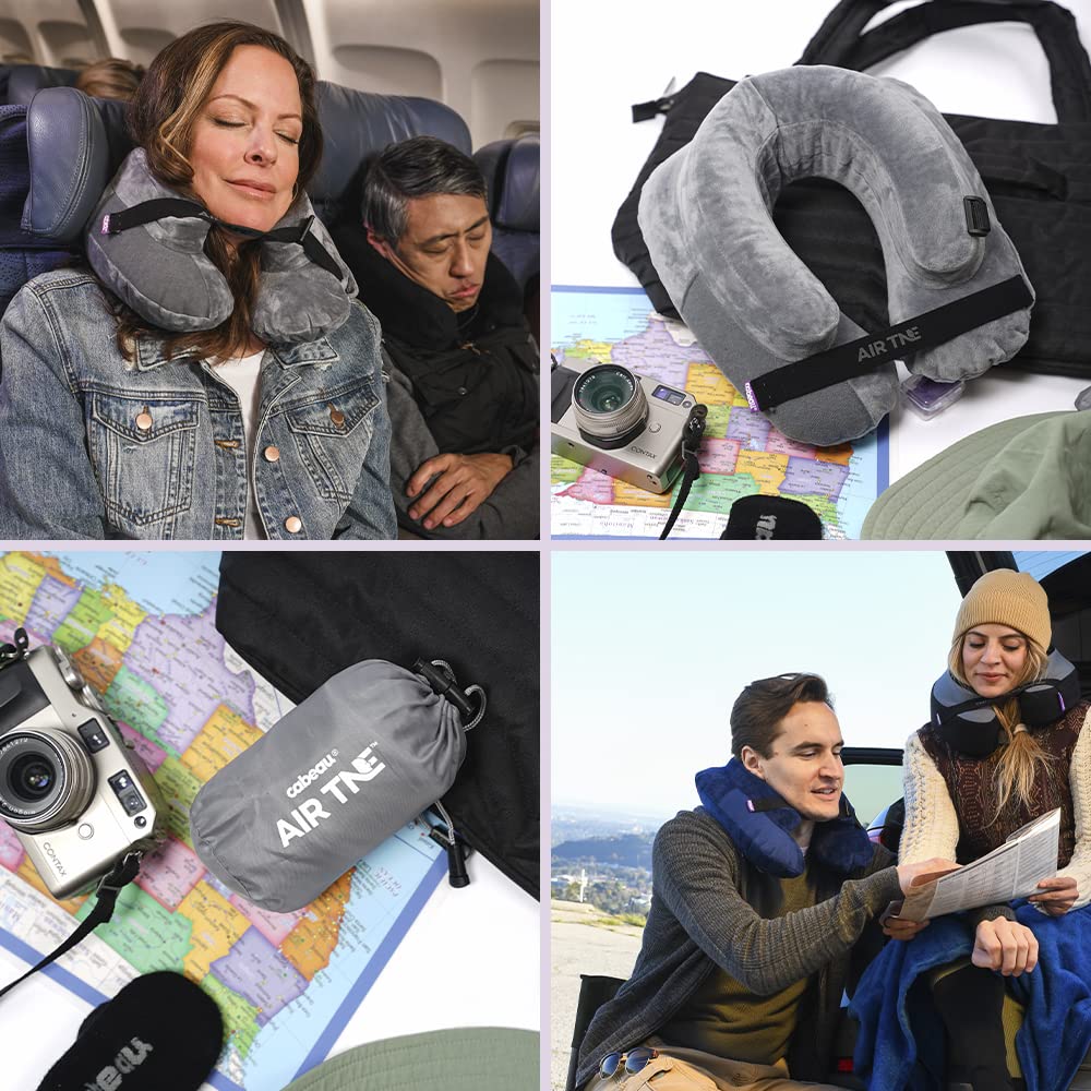 Cabeau Air TNE pillow storage pouch attached to travel bag.