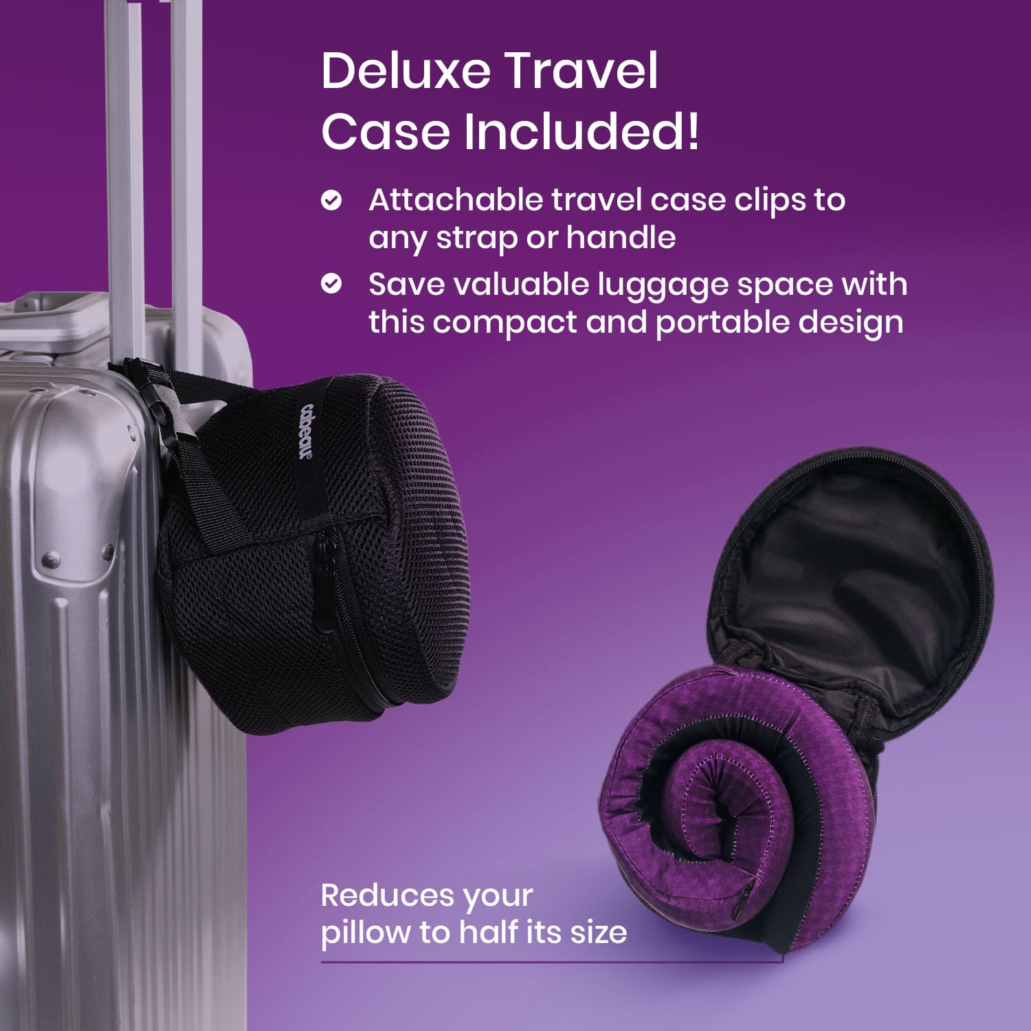 Carrying case compresses the pillow to half size for easy packing