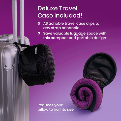 Carrying case compresses the pillow to half size for easy packing