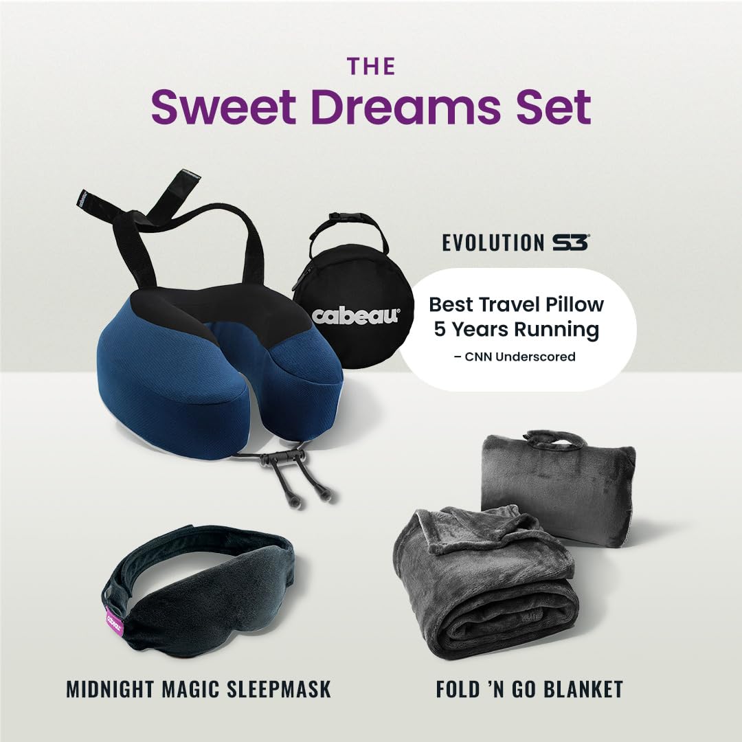 Cabeau Evolution S3 indigo travel pillow on plane ready for use.