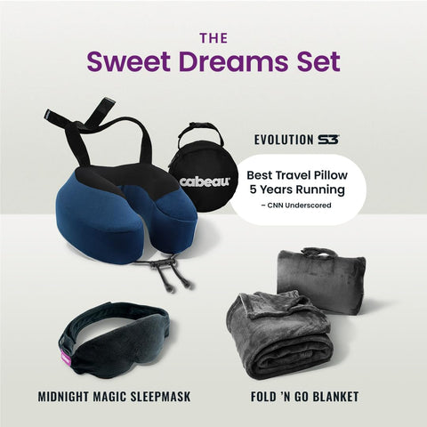 Cabeau Evolution S3 indigo travel pillow on plane ready for use.