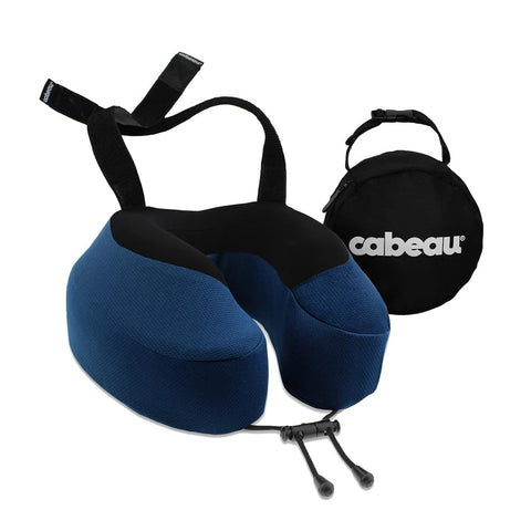 Cabeau Evolution S3 strapped to an airplane seat for secure head support.