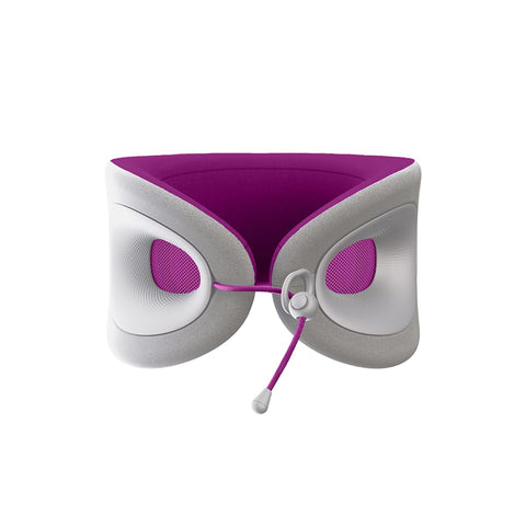 Cabeau Evolution X neck pillow in amethyst, angled view for supported naps on long flights.