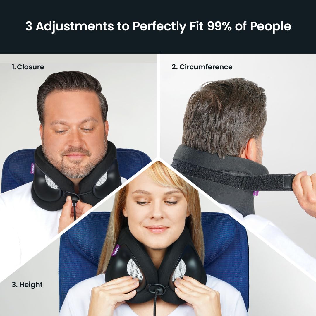 Cabeau Evolution X strap and latch illustrating neck height customization for comfortable alignment.