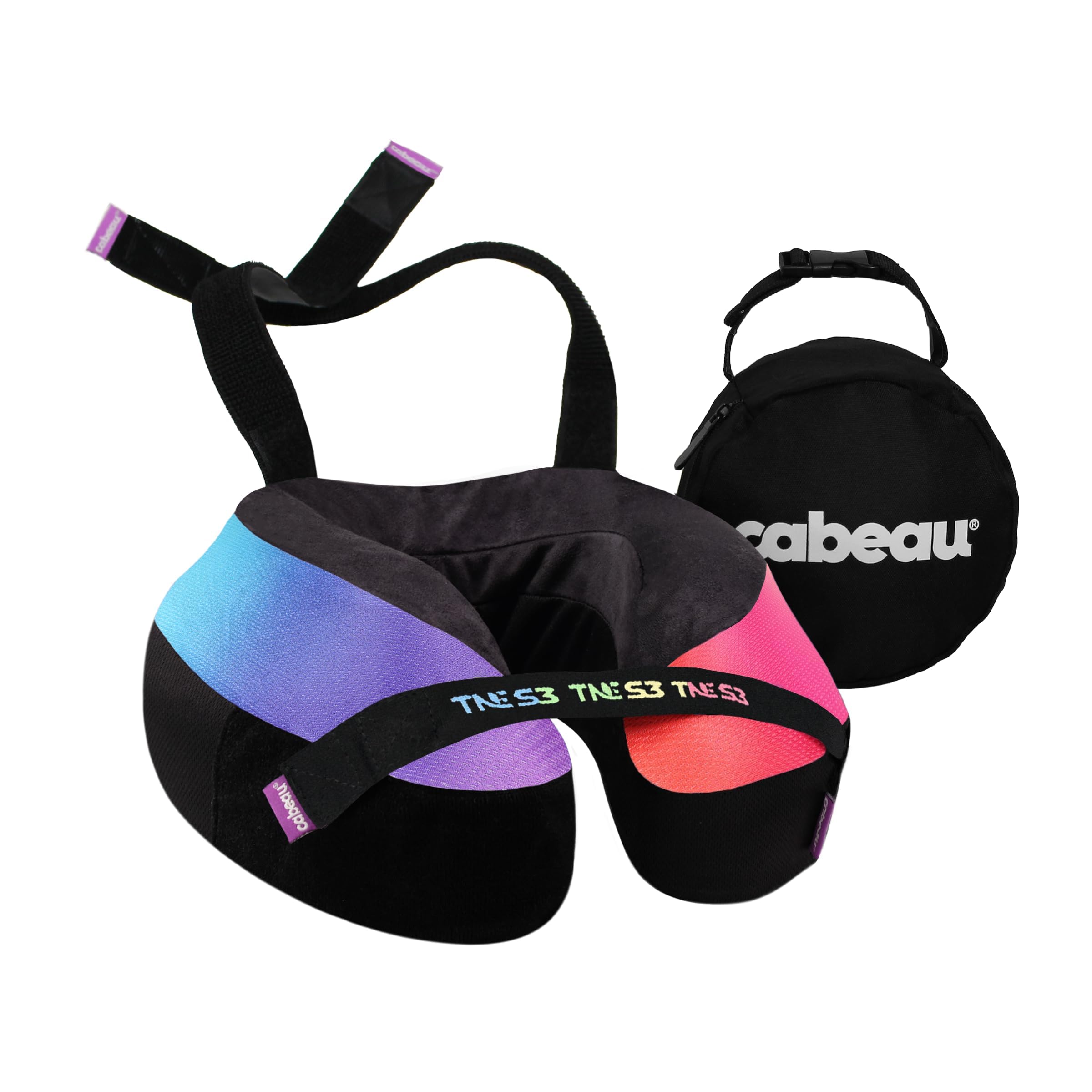 Cabeau TNE S3 neck pillow on plane offers 360° support for long journeys.