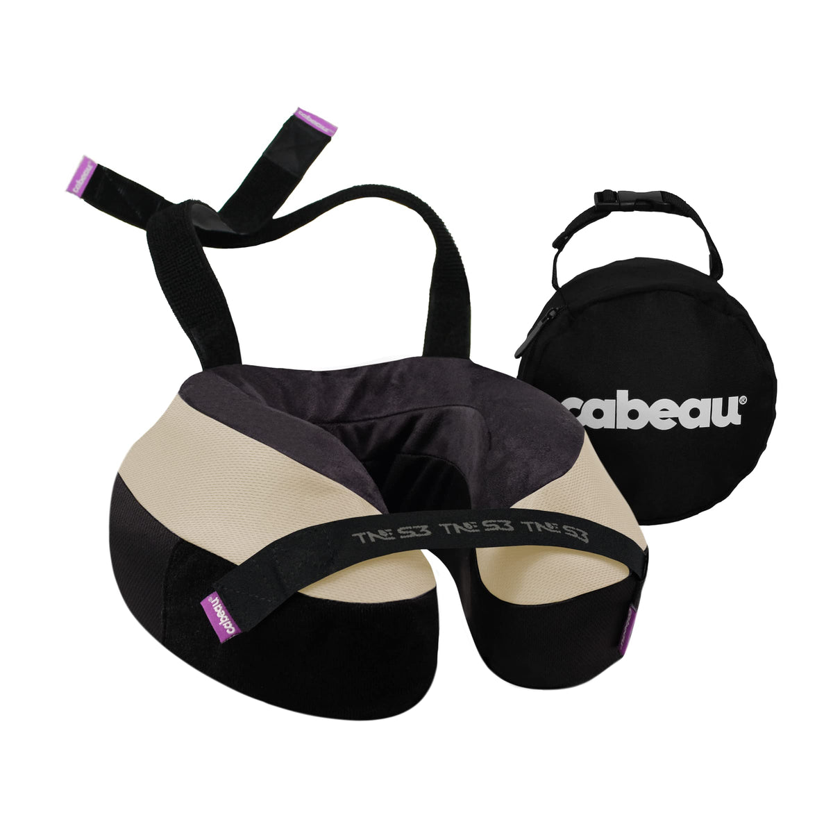 Cabeau travel neck pillow with strap helps secure posture during flights.