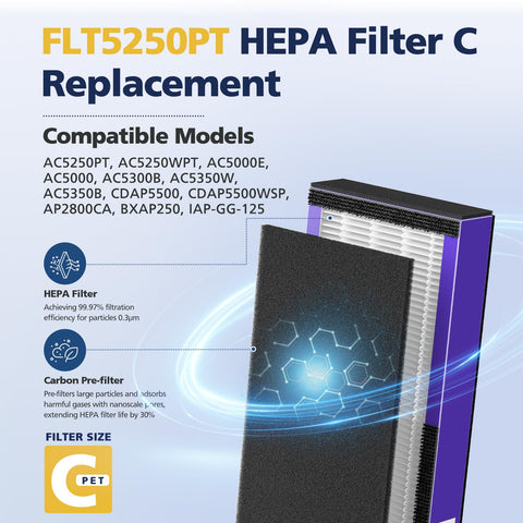Cabiclean FLT5250PT HEPA filter close-up highlighting fine particle filtration.