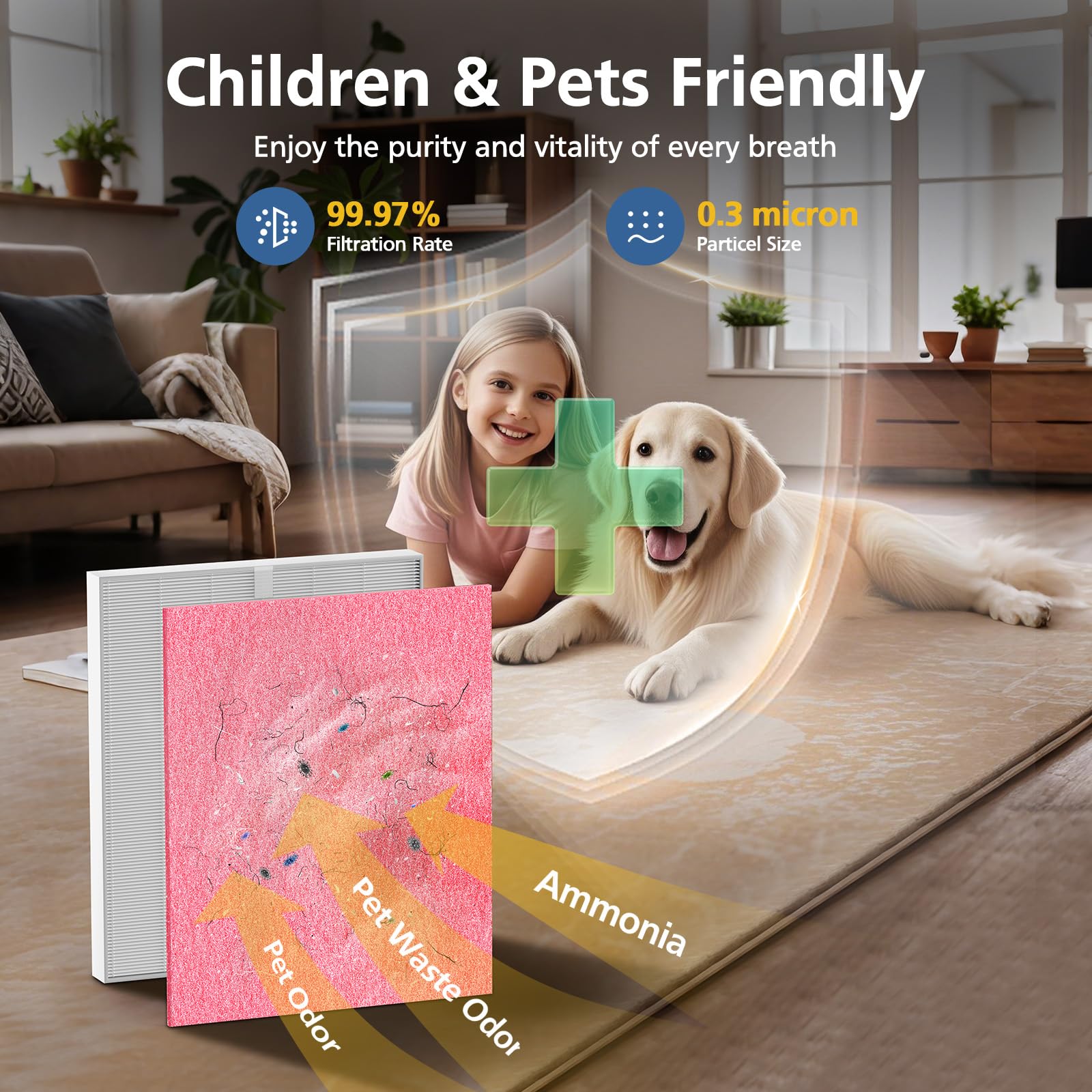 Cabiclean pet-friendly living room scene with purified air