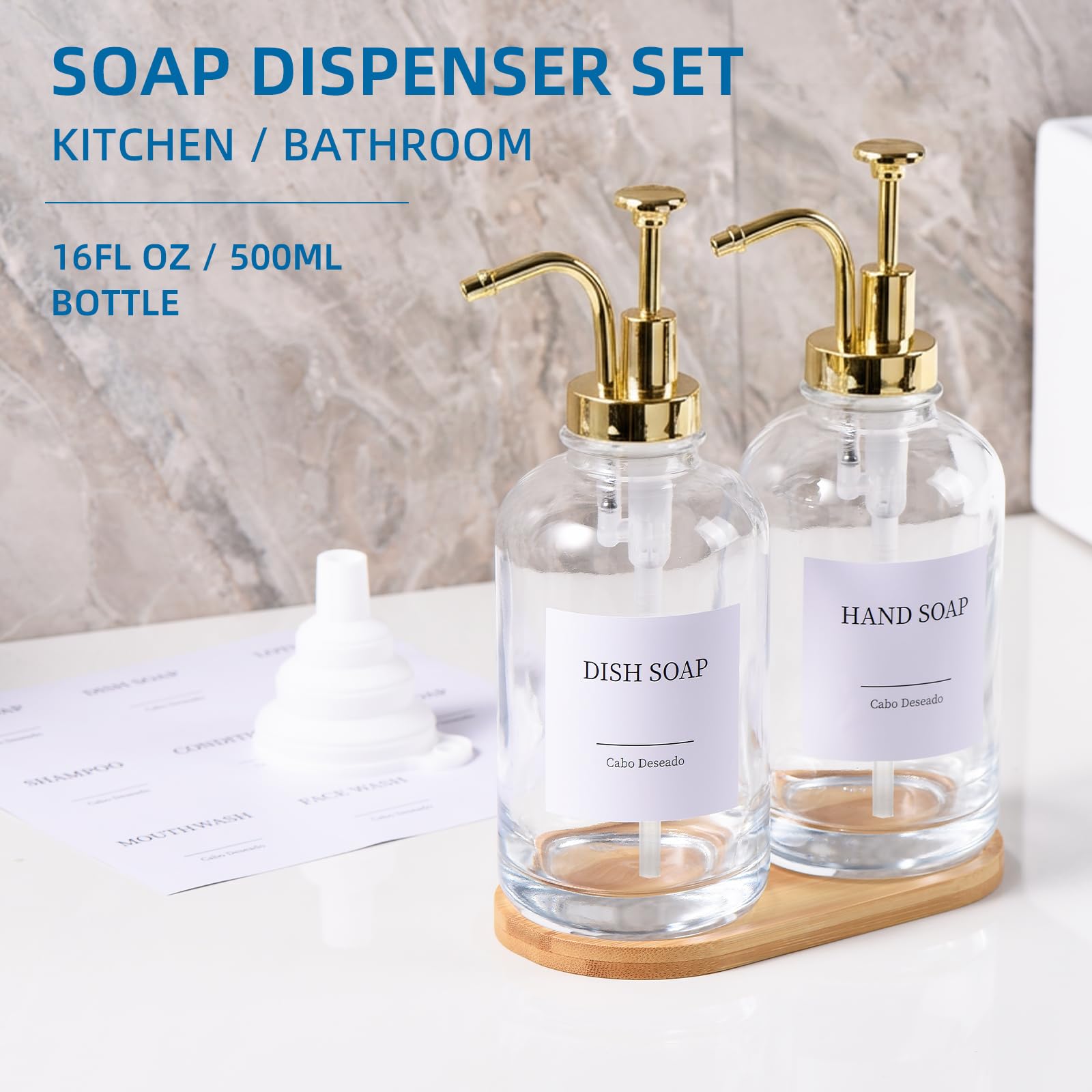 Cabo Deseado bamboo tray keeps dispensers neatly aligned on the counter.
