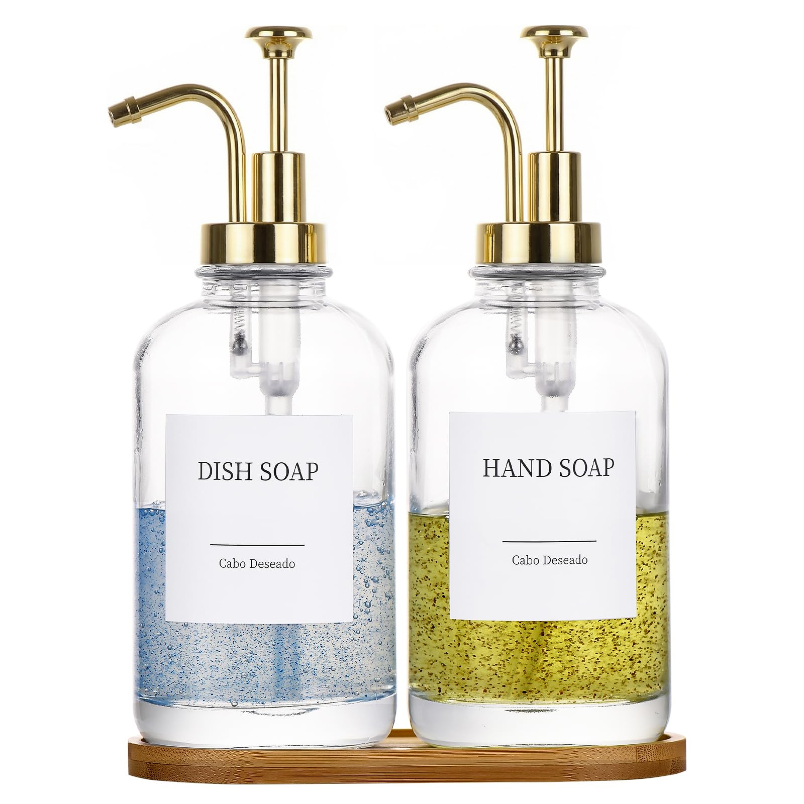 Cabo Deseado glass dispenser set with two bottles for organized kitchen or bath.