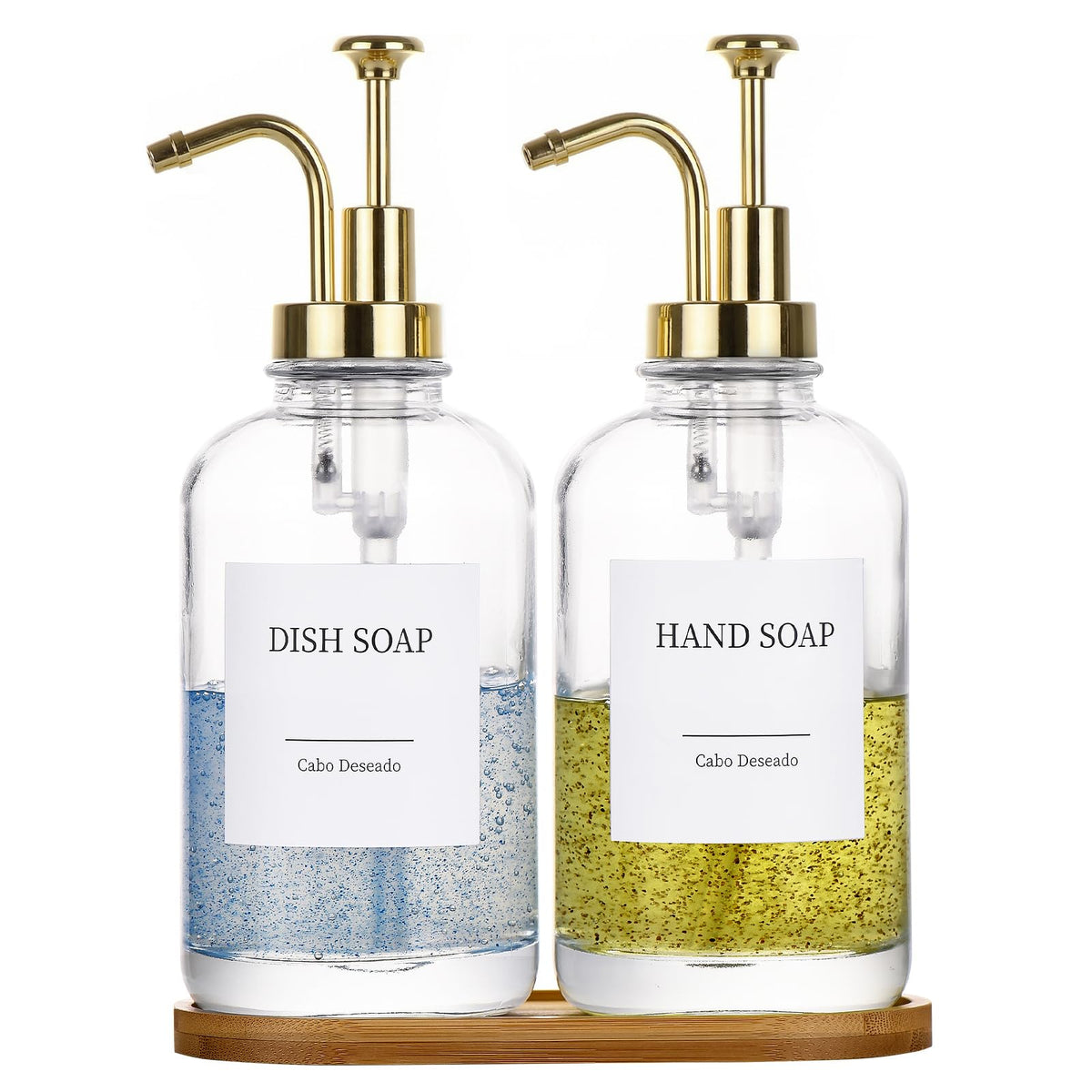 Cabo Deseado glass dispenser set with two bottles for organized kitchen or bath.