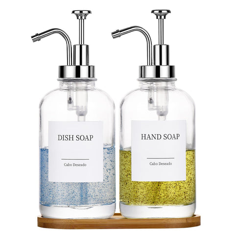 Cabo Deseado glass soap dispenser with pump for a tidy bathroom.