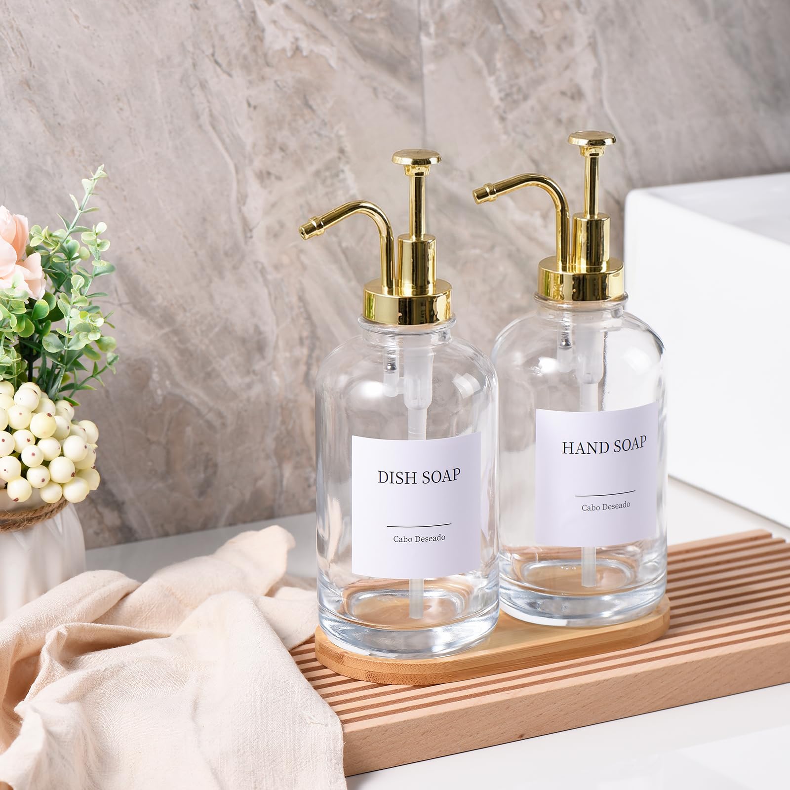 Cabo Deseado gold pump bottles for smooth, premium dispensing in any room.