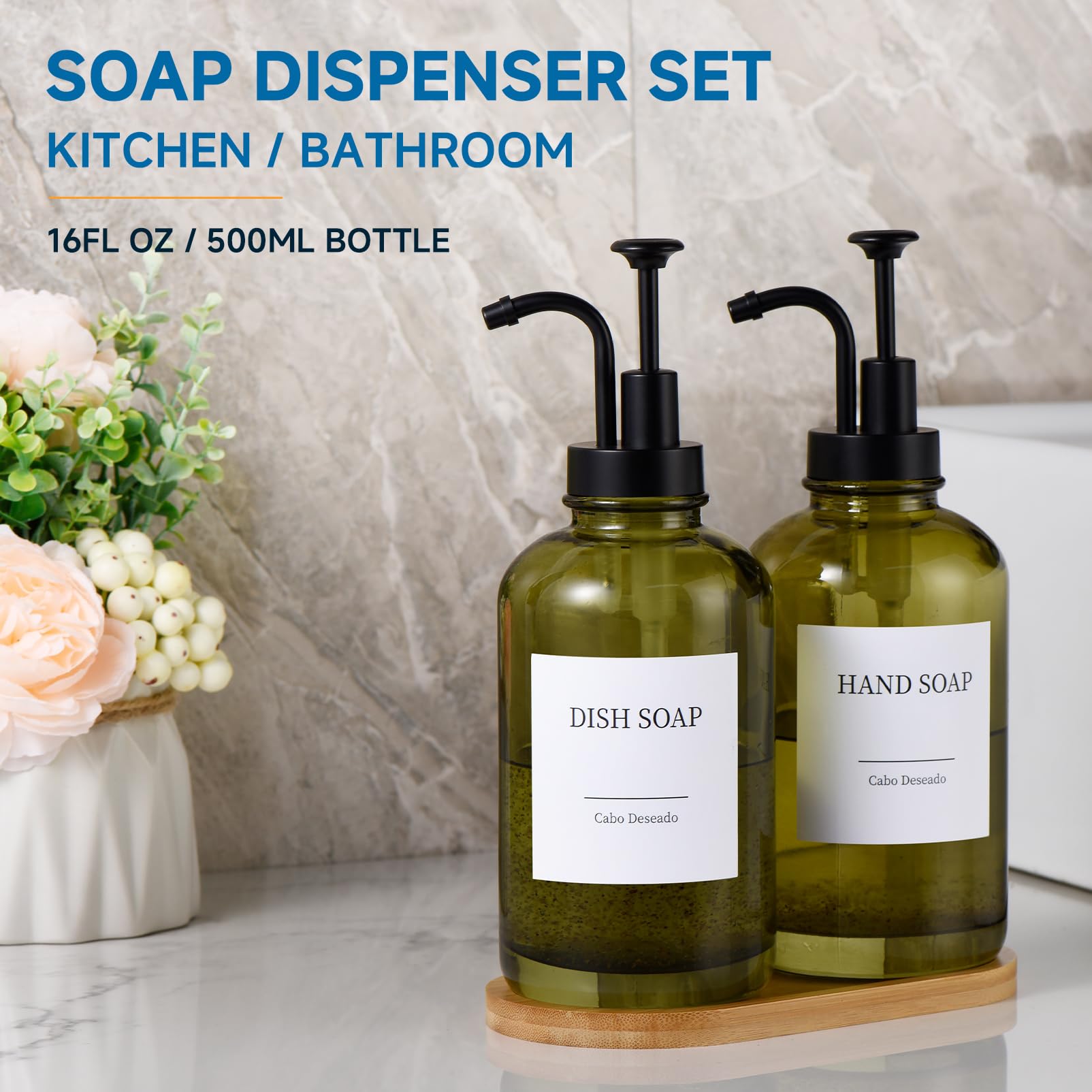 Cabo Deseado olive green bottles add color to bathroom decor
