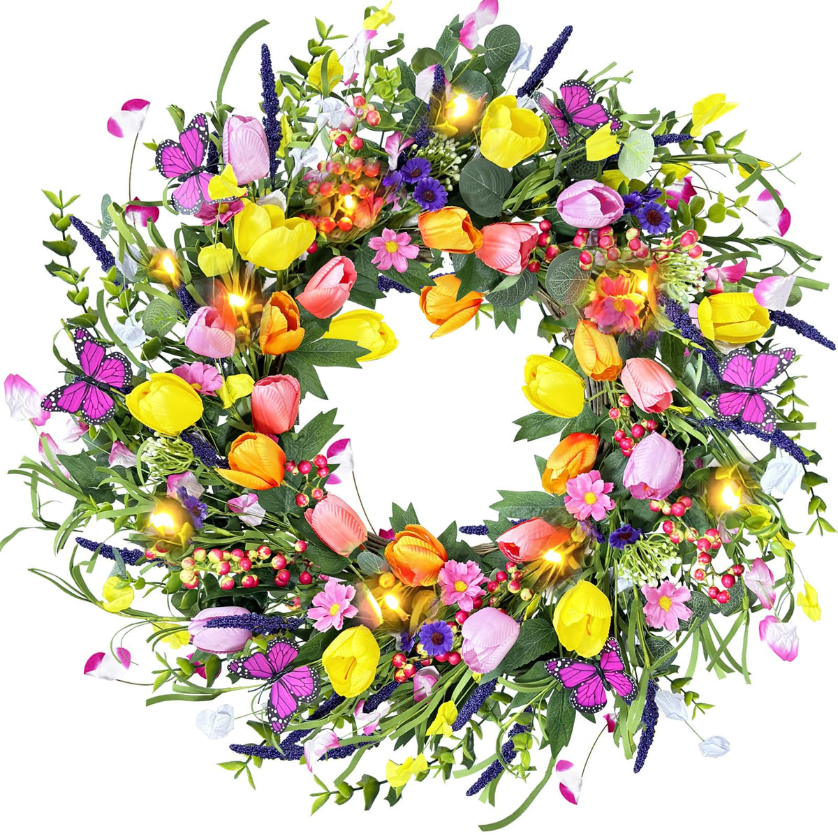 CACISE 24-inch spring wreath with daisies and lavender enhances front door curb appeal.
