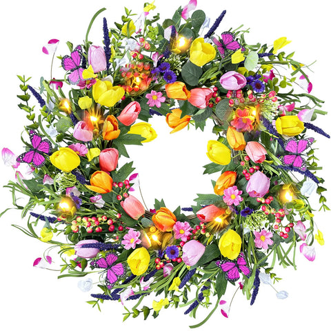 CACISE 24-inch spring wreath with daisies and lavender enhances front door curb appeal.