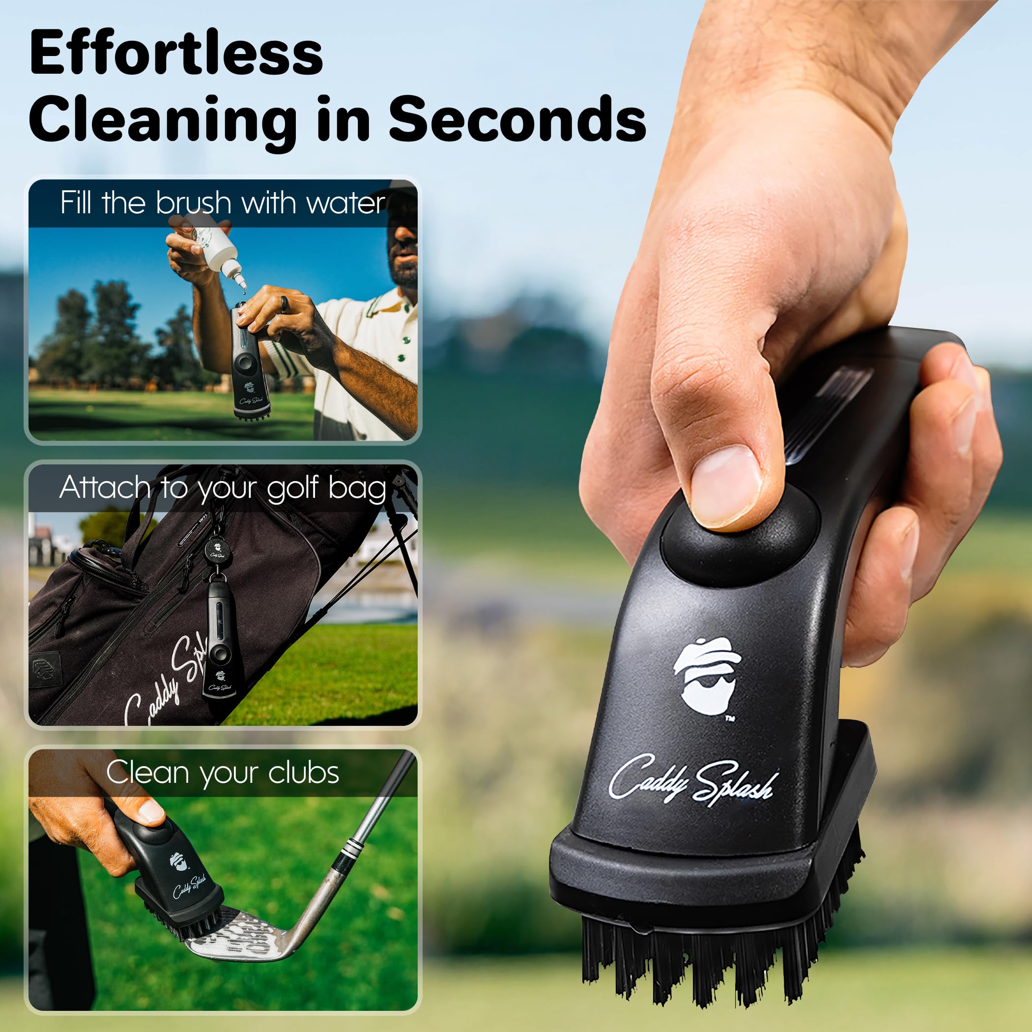 Caddy Splash brush Pro attached to bag via retractable clip for easy access.