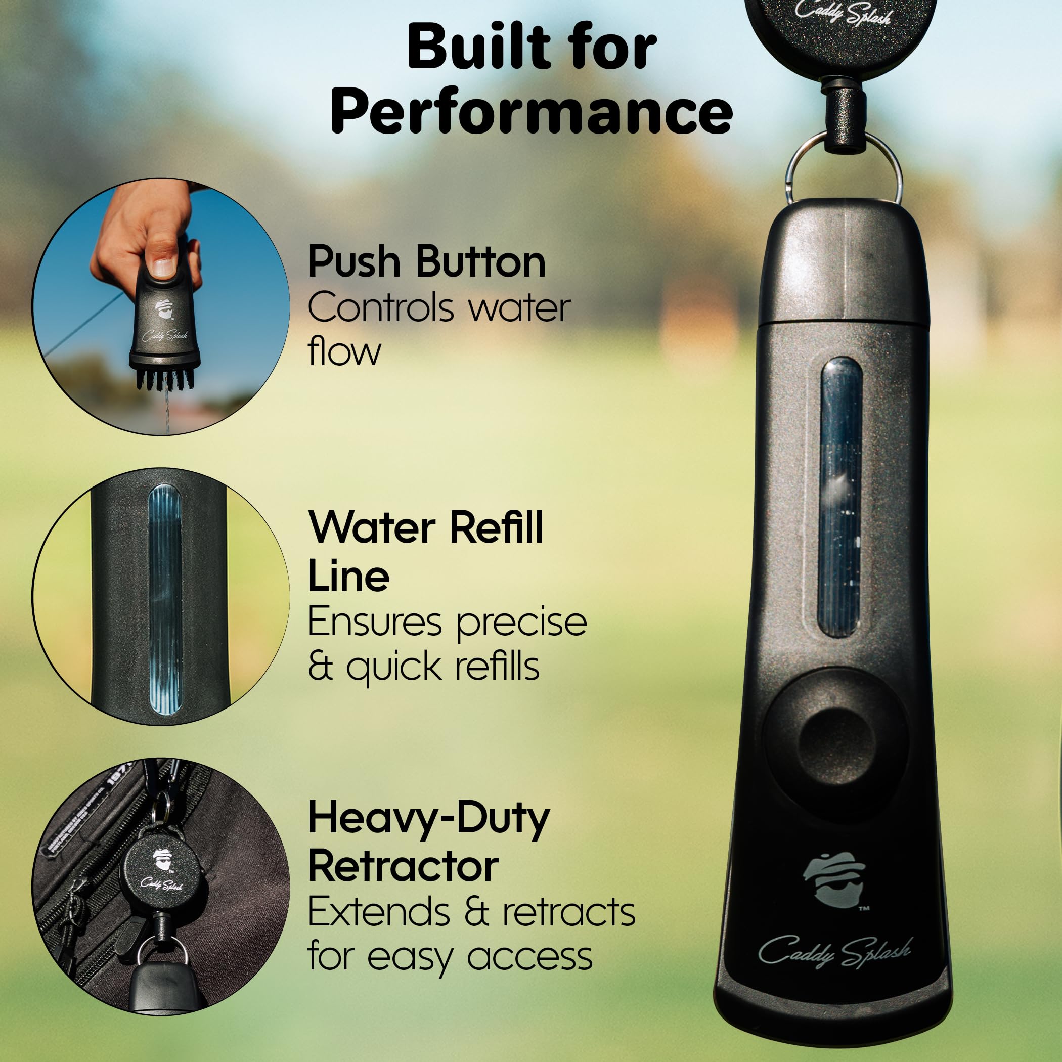 Caddy Splash nylon bristles scrub dirt without scratching grooves on clubs.