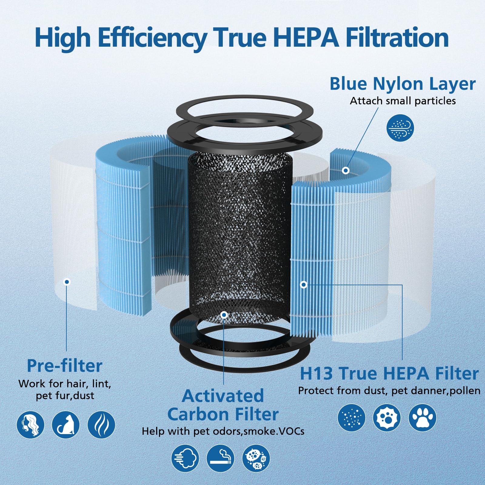 Caehomly AP0601 true HEPA filter traps particles as small as 0.3 microns.