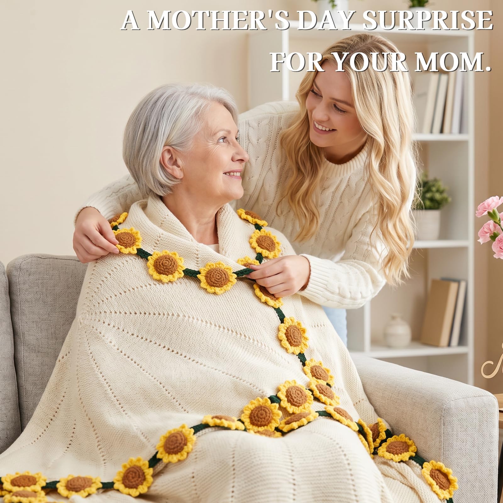 Cagulax crochet bouquet display showcases sunflower petals as an elegant home accent.