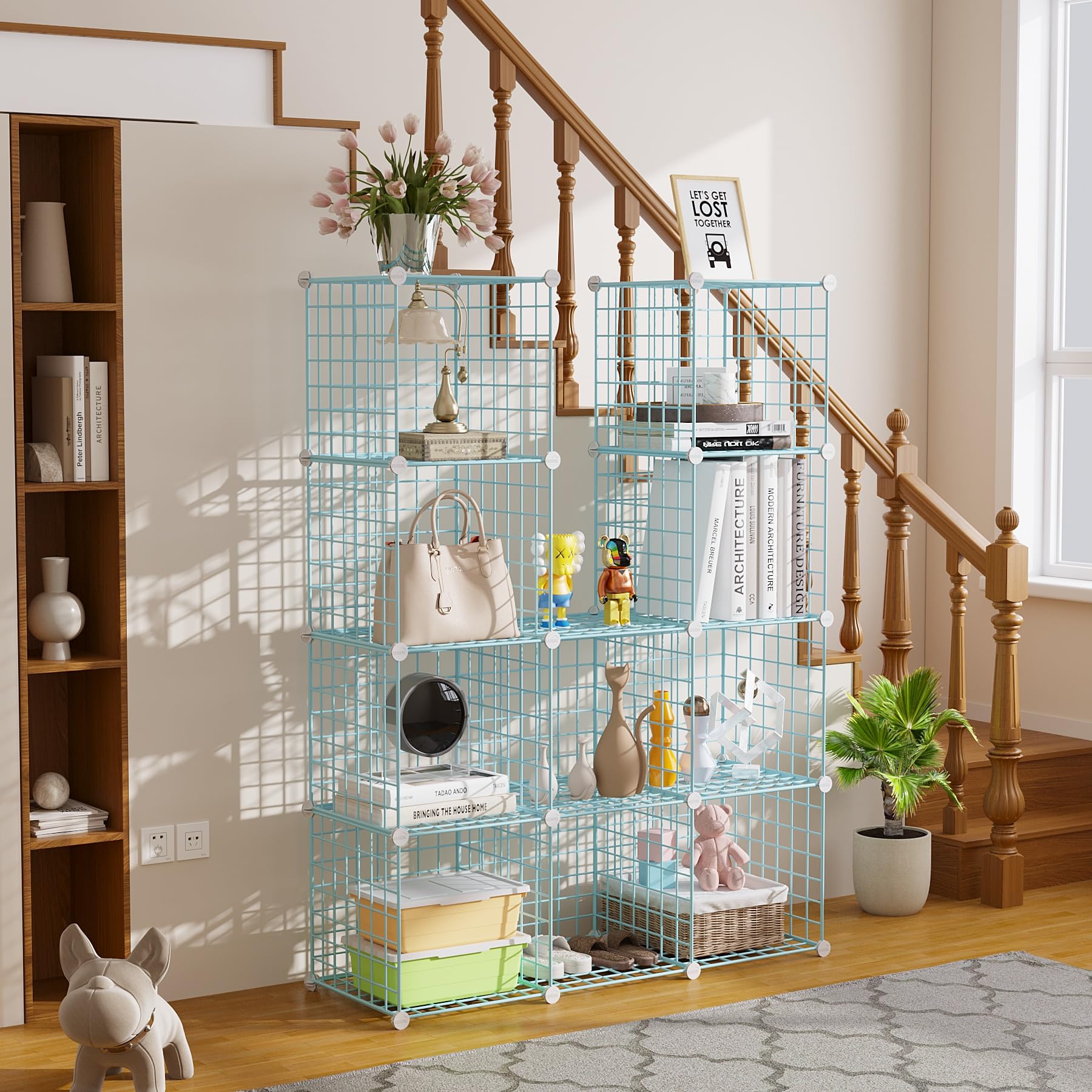 C&AHOME blue modular shelves showcase books and decor for everyday use.
