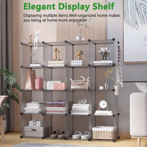 C&AHOME 16-cube grey plastic unit fully assembled as display wall.