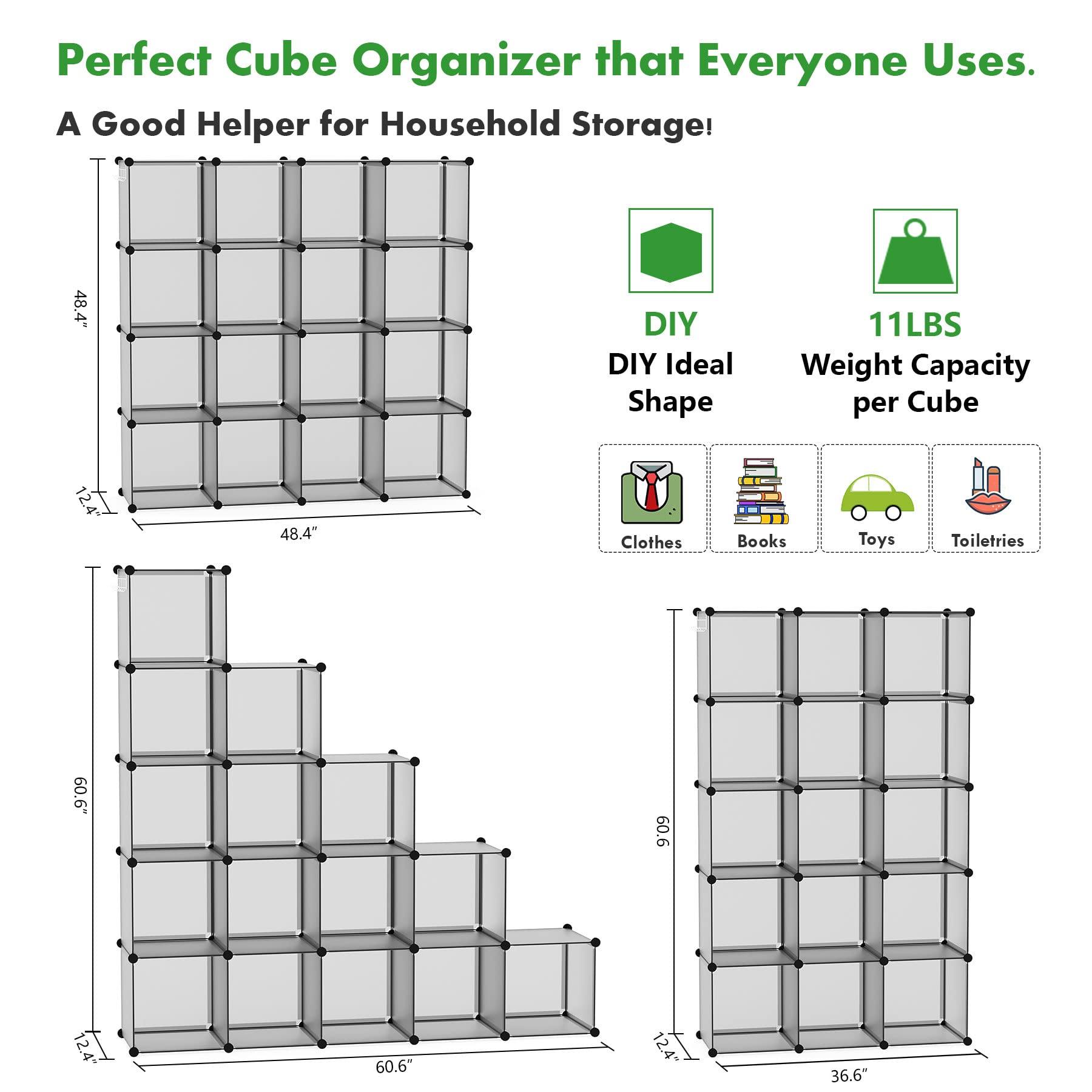 C&AHOME 16-cube grey plastic unit standalone for versatile placement.