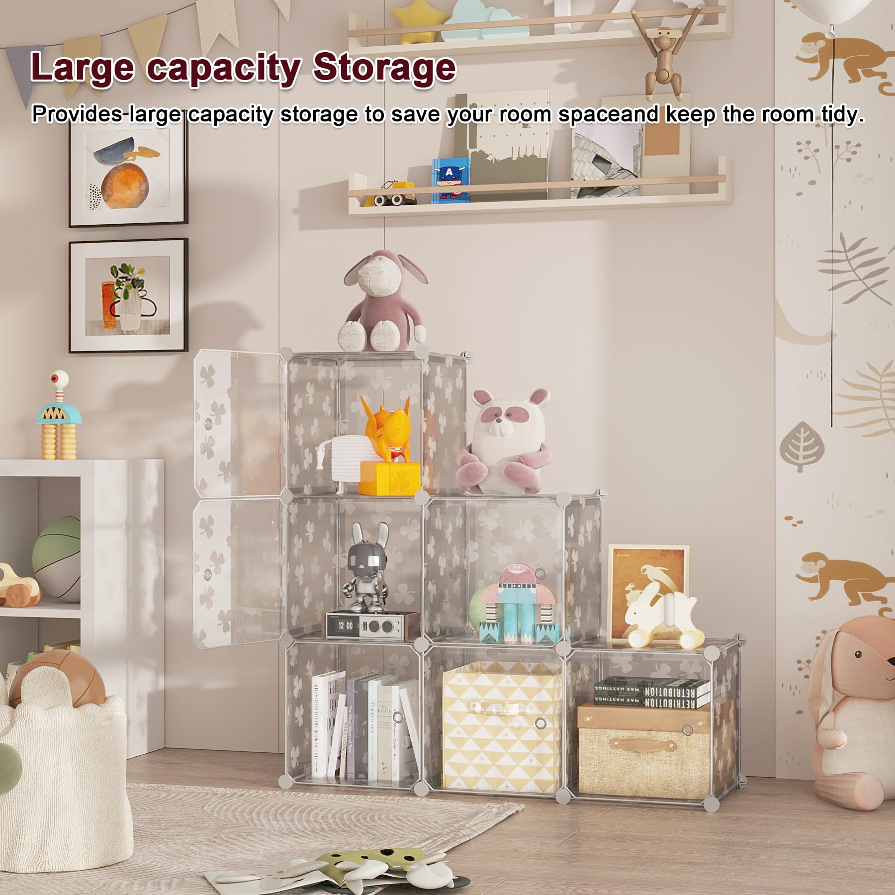 C&AHOME six-cube shelves assembled show flexible layout for bedrooms, living rooms, or offices.