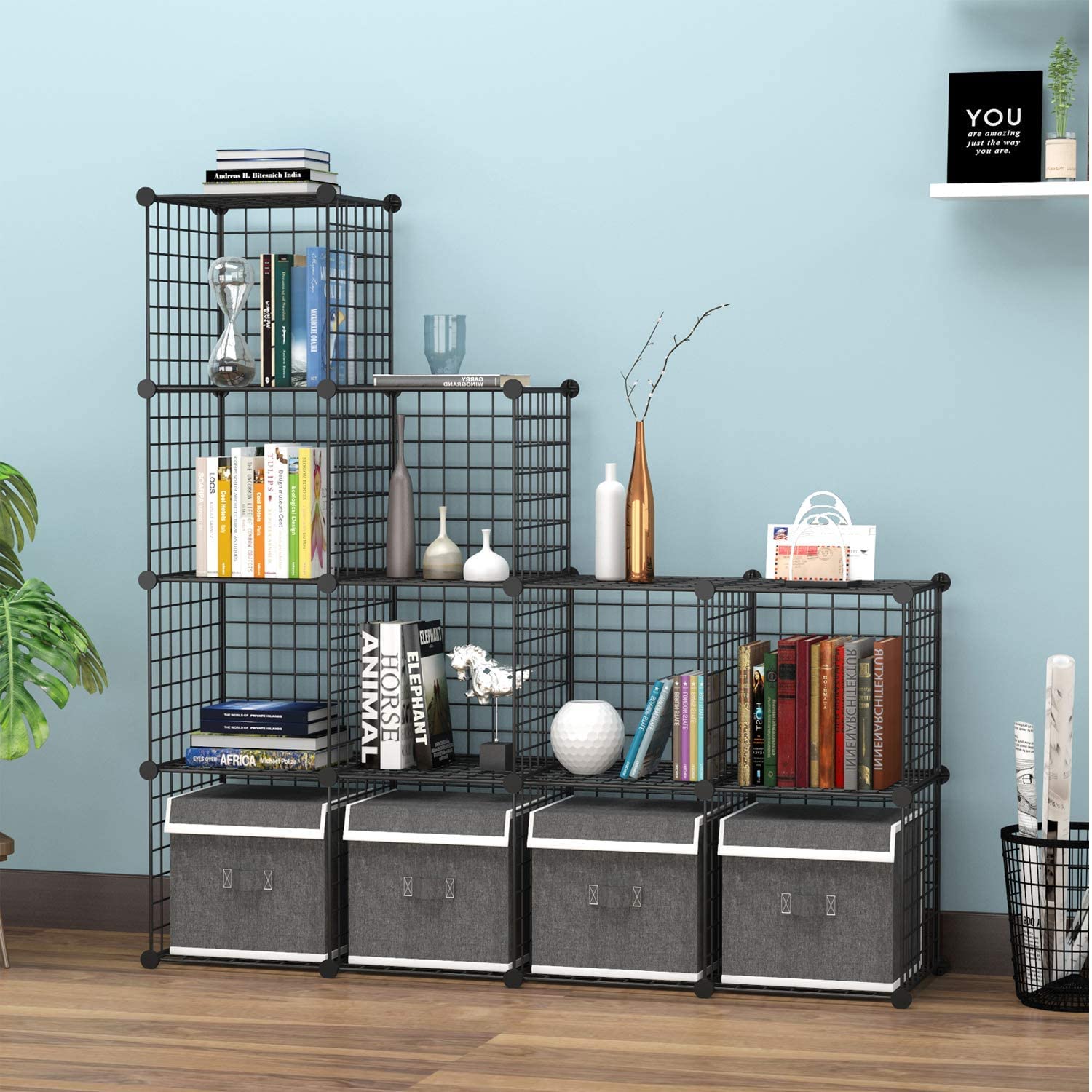 C&AHOME bedroom setup illustrates organized clothes and decor with multiple shelves.