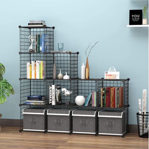 C&AHOME bedroom setup illustrates organized clothes and decor with multiple shelves.