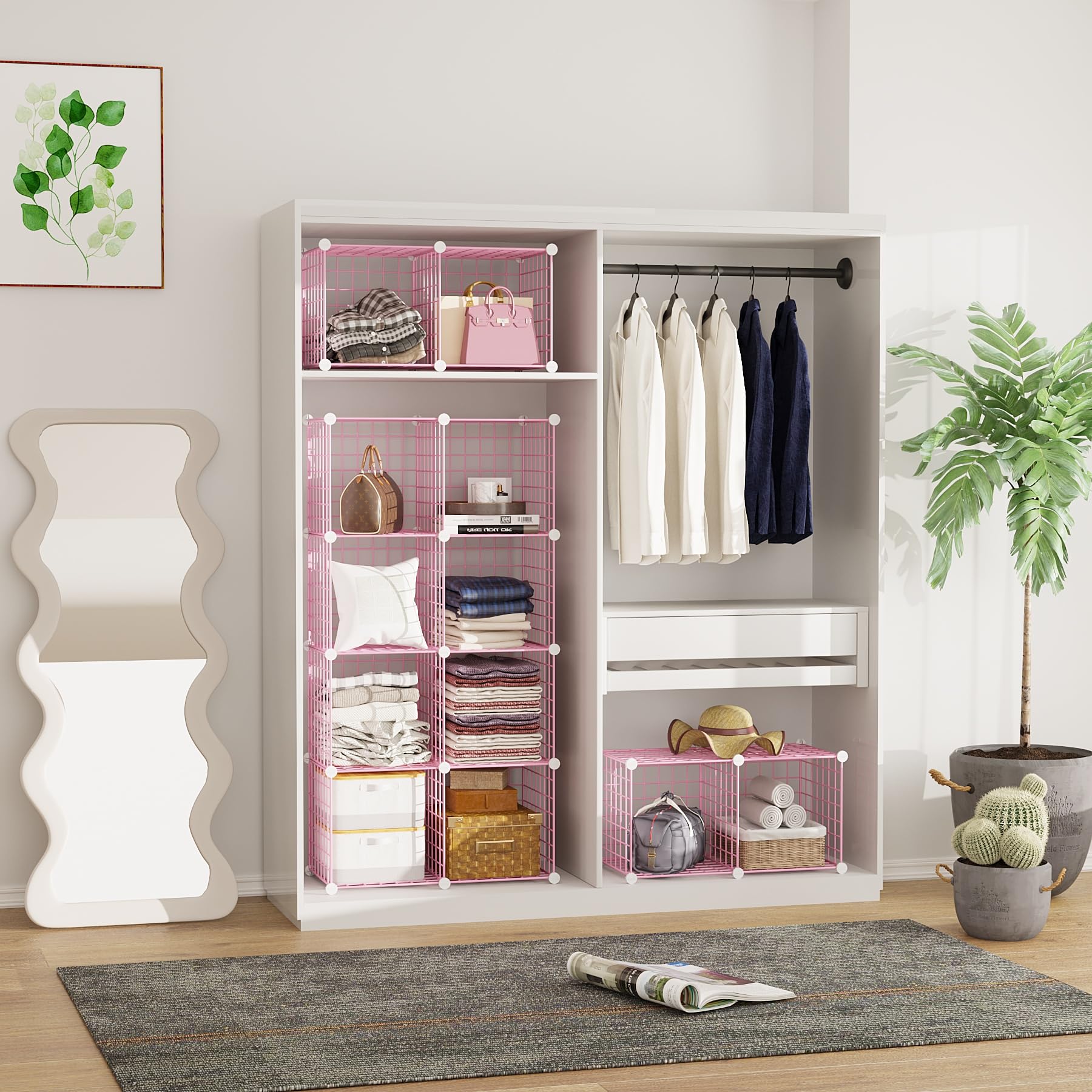 C&AHOME pink wire cube closet organization with bins
